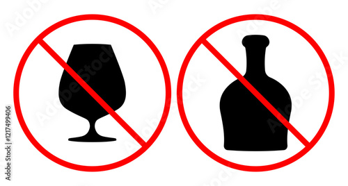 Set of Prohibited alcohol consumption sign. Vector illustration symbol of cognac bottle and symbol of glass with red prohibition circle, symbolizing no drinking allowed