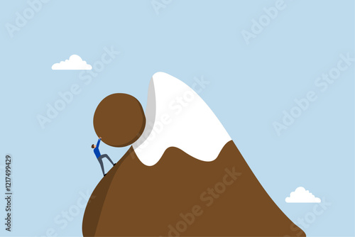 Hard work like pushing boulder uphill, entrepreneur rolling a boulder upward to the summit of a mountain. 