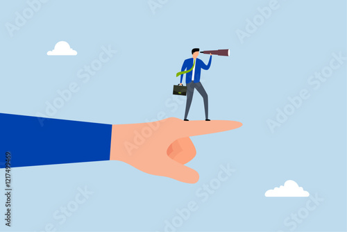 Vision to see business direction, entrepreneur using large finger with binoculars to observe future. 