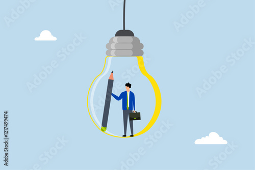 Creative idea, inventive individual grasping a pencil contemplates an idea represented by a lightbulb. 