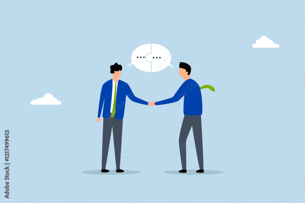 Success communicate, businessmen shaking hands with a communication speech bubble puzzle. Success communicate, businessmen shaking hands with a communication speech bubble puzzle.
