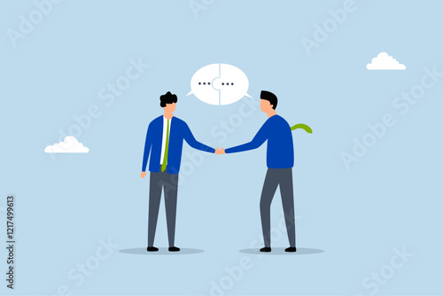 Success communicate, businessmen shaking hands with a communication speech bubble puzzle. 