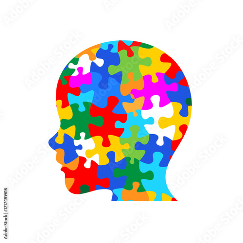 Child  head profile jigsaw puzzle collage. Flat design vector isolated on white background.	