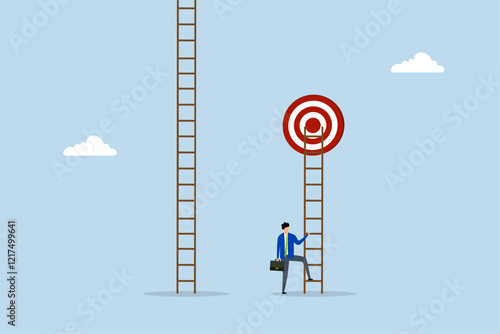 Focus on short term goal to achieve long term success, clever entrepreneur preparing to ascend the ladder to reach immediate objective. 