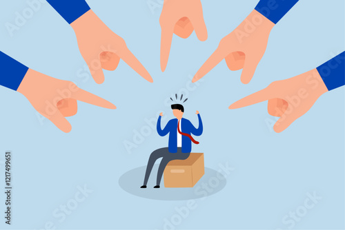 Toxic work, enormous manager fingers indicating and accusing a troubled employee. 