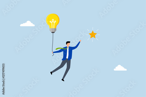 Creativity or innovation to help reach business goal, clever entrepreneur soaring with innovative concept to seize star in heavens. 