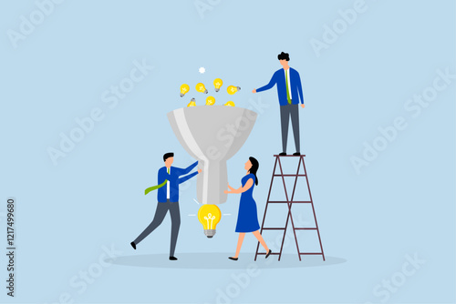 Idea funnel, Business professionals assist in placing small lightbulb into funnel to achieve final concept. 