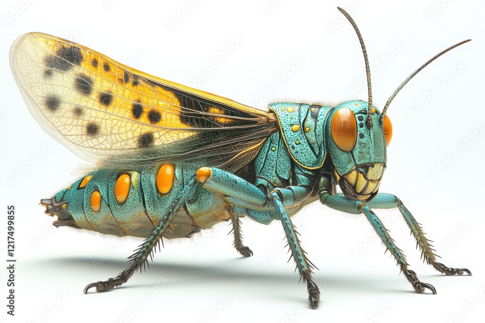 Fototapeta premium A vibrant, stylized illustration of a large, colorful grasshopper.
