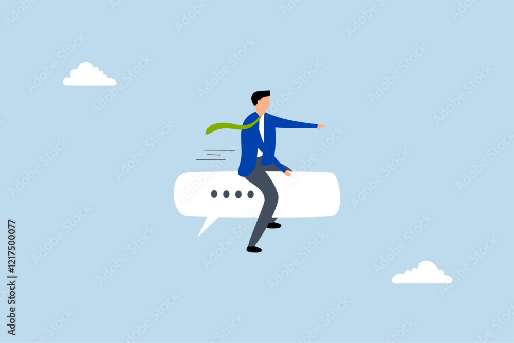 Effective communication for business leader, happy entrepreneur on a speech bubble directing towards a goal. Effective communication for business leader, happy entrepreneur on a speech bubble directing towards a goal.