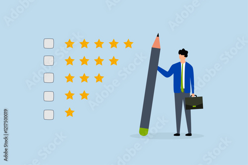 satisfaction feedback, considerate entrepreneur gripping pencil to assess star reviews.