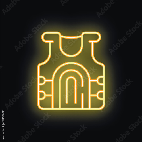 Yellow glowing neon sign depicting a bulletproof vest, representing safety, security, and protection