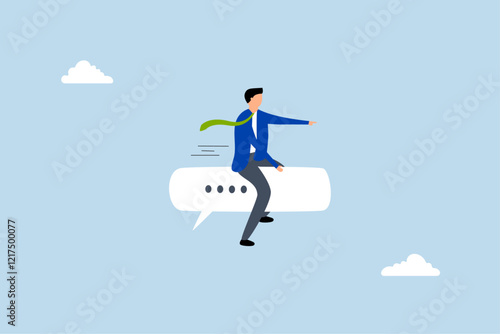 Effective communication for business leader, happy entrepreneur on a speech bubble directing towards a goal. 