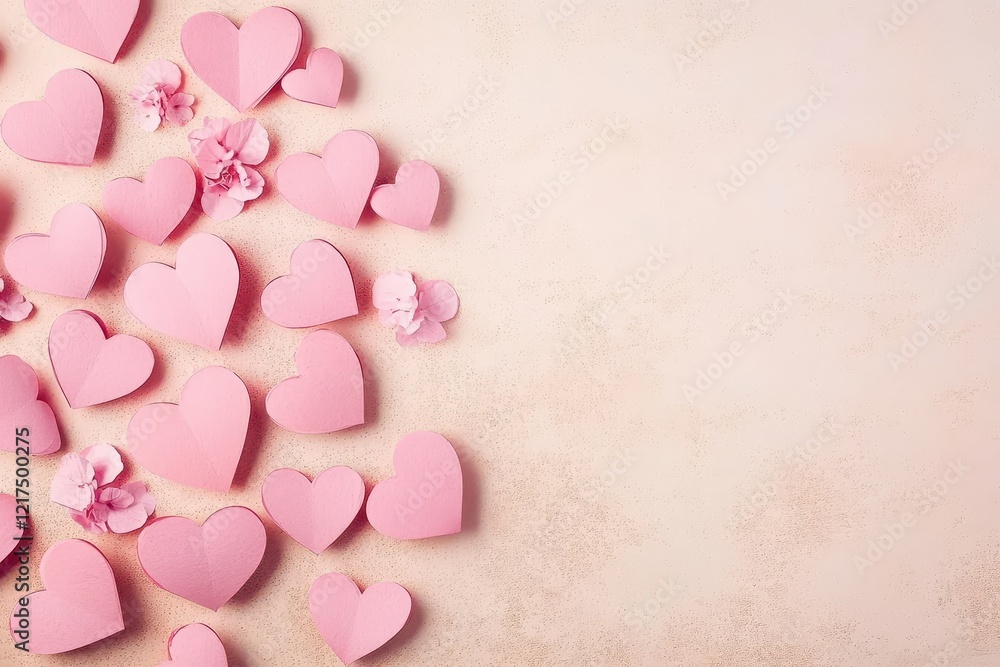 Obraz premium Pink Hearts and Flowers on a Soft Pink Background