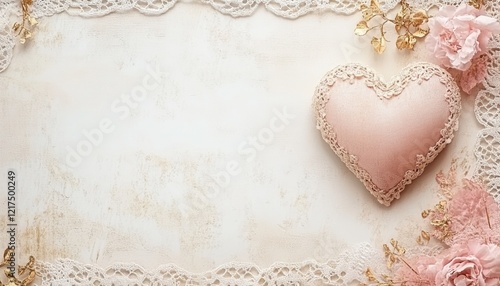 Pink Heart with Lace and Flowers on White Background Romantic Wedding Valentine's Day Design