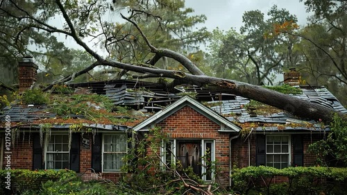 A damaged house surrounded by fallen trees and overgrown foliage.