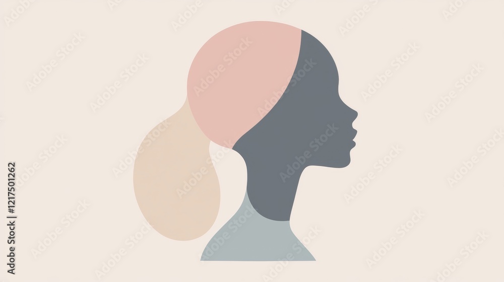 Minimalist illustration featuring a woman's profile silhouette, created with overlapping pastel-colored shapes, symbolizing beauty, diversity, and femininity in a contemporary and artistic way Minimalist illustration featuring a woman's profile silhouette, created with overlapping pastel-colored shapes, symbolizing beauty, diversity, and femininity in a contemporary and artistic way