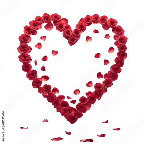 A large red heart created from delicate rose petals in a soft design