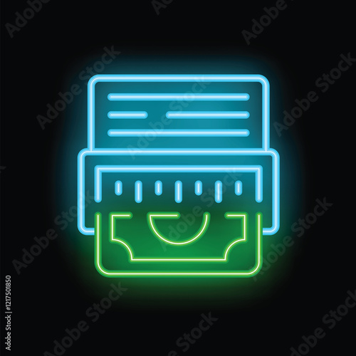 Neon sign of atm machine withdrawing money from credit card on black background