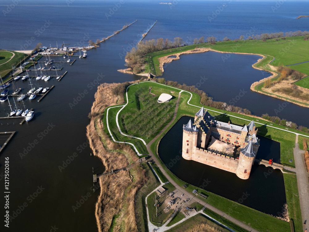 Obraz premium Aerial view of the castle of Muiden and the Muiderlake in the background, The Netherlands