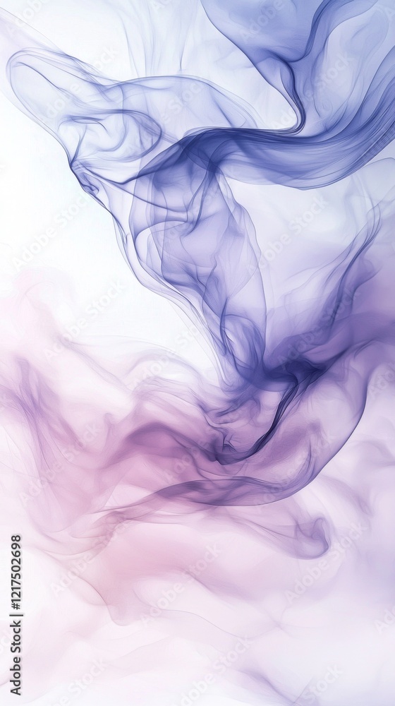 Purple and blue smoke gracefully swirling against a white backdrop, creating a mesmerizing abstract composition with ethereal beauty and an artistic, flowing pattern