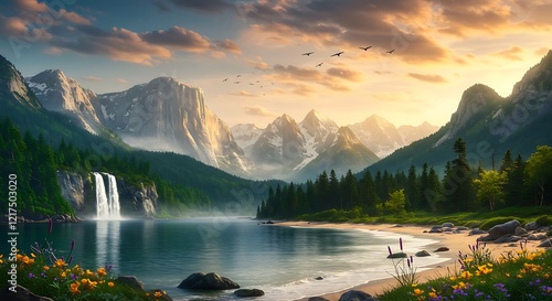 Serene Mountain Lake at Sunset: A Peaceful Landscape Painting