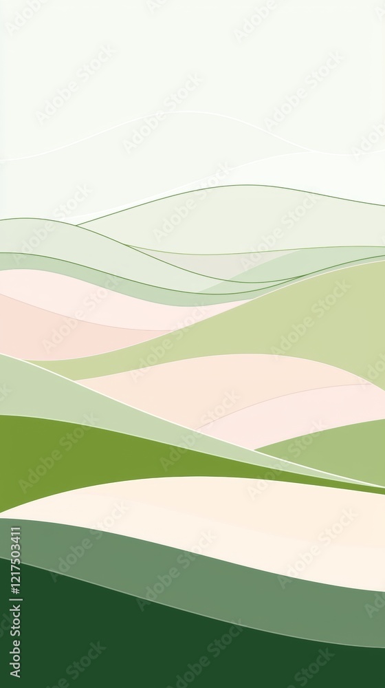 Obraz premium Gentle slopes and smooth curves create a soothing, stylized landscape, blending soft shades of green and pink in a minimalist abstract design that evokes tranquility and harmony