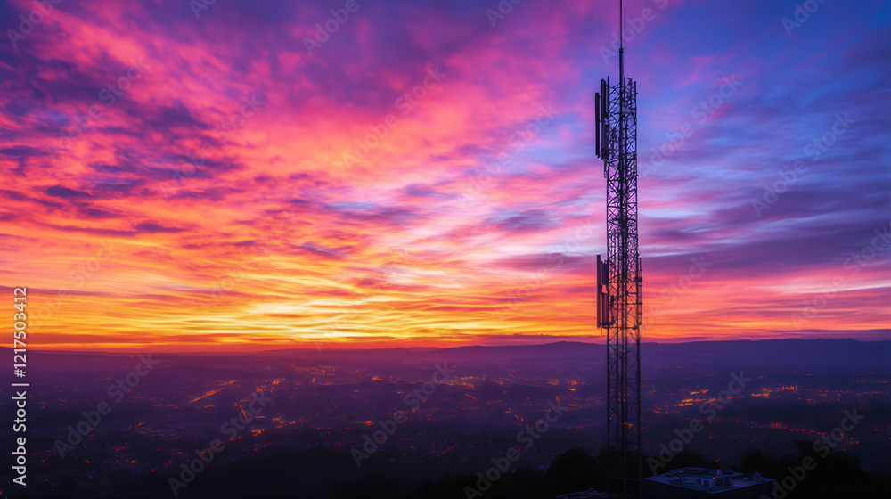 Fototapeta premium Silhouette of Telecom tower. Telecommunication digital technology tower internet mast