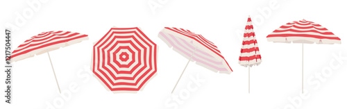Open beach umbrella with red and white stripes. Set with beach umbrella in different positions.