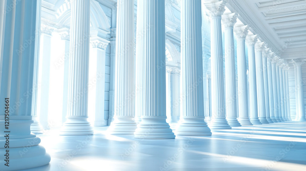 Close-up of tilted white pillars in a building against a backdrop, Beautiful airy widescreen minimalistic white and light blue Close-up of tilted white pillars in a building against a backdrop, Beautiful airy widescreen minimalistic white and light blue