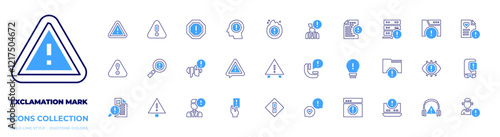 Exclamation mark icon collection. Bold line style. Duotone colors. search, user, danger, problem, intervention, exclamation mark, warning, report, caution, website, discussion, call, innovation