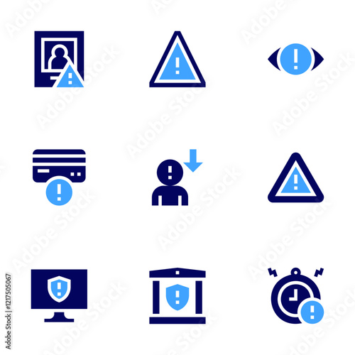 Exclamation mark icon set. Bold style. Duotone colors. wanted, computer, error, deadline, human error, danger, bank, privacy, caution