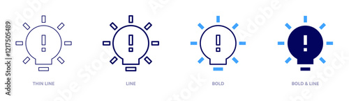 Exclamation mark tips icon in 4 different styles. Thin Line, Line, Bold, and Bold Line. Duotone style. Editable stroke