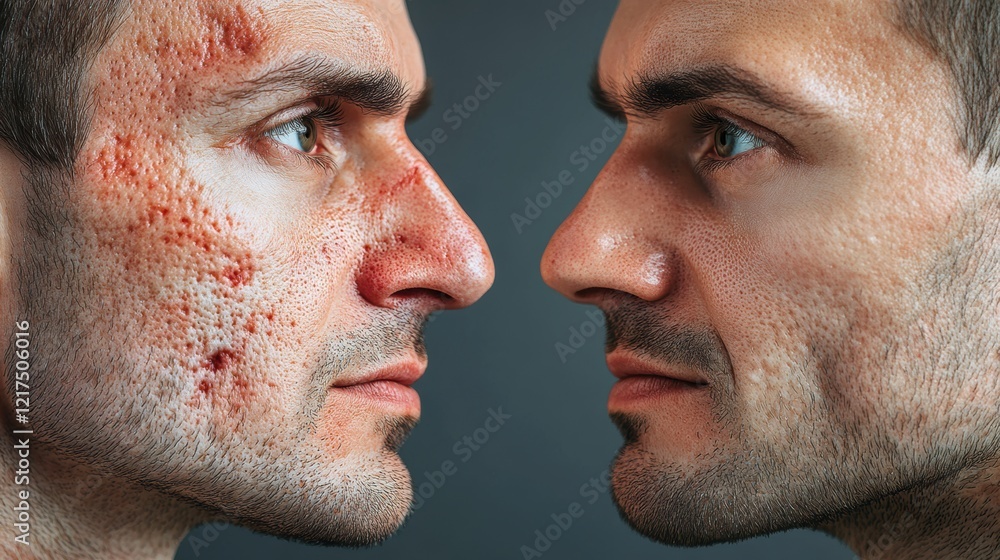Fototapeta premium Side-by-side of male faces with severe acne scars on left transitioning to clear skin on right. Representation of dermatological treatments and recovery.