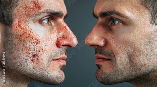 Side-by-side of male faces with severe acne scars on left transitioning to clear skin on right. Representation of dermatological treatments and recovery. photo