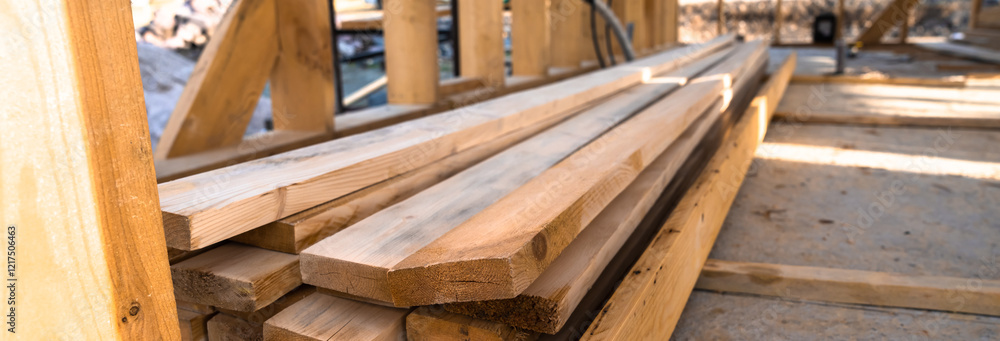 Construction works, building a house with wood Construction works, building a house with wood
