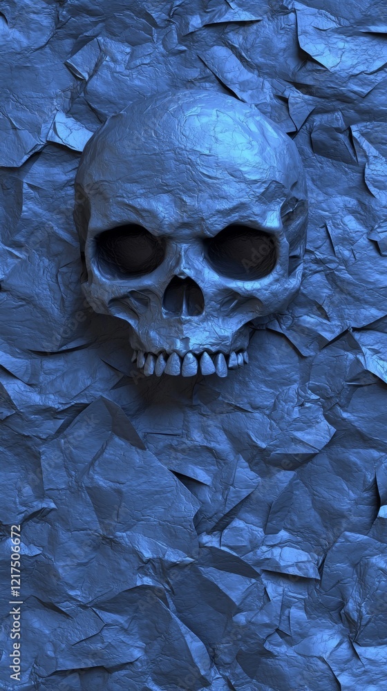 Naklejka premium Resting on a crumpled paper background, a textured blue skull creates a striking and eerie visual, evoking themes of darkness, death, and the macabre in a surreal composition