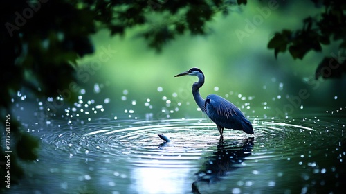 Heron hunting in tranquil pond, ripples, green foliage. photo