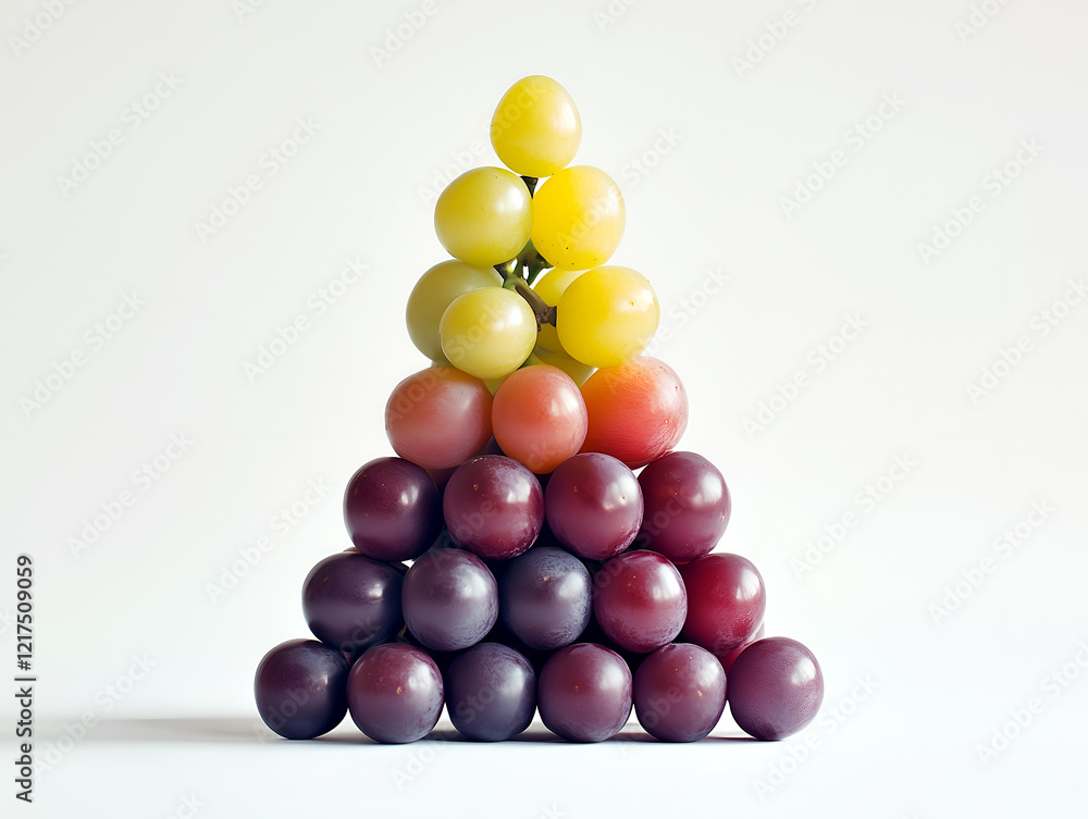 A vibrant pyramid of grapes arranged in a gradient of red, yellow, and green hues, a striking still life image that is both visually appealing and full of subtle symbolism A vibrant pyramid of grapes arranged in a gradient of red, yellow, and green hues, a striking still life image that is both visually appealing and full of subtle symbolism