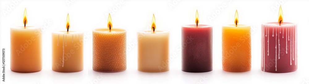 Candles in various shapes and colors, glowing softly with flames, create warm and inviting atmosphere. Perfect for decoration or relaxation Candles in various shapes and colors, glowing softly with flames, create warm and inviting atmosphere. Perfect for decoration or relaxation