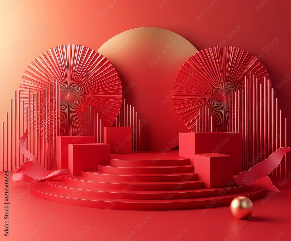 Obraz premium Elegant 3D product display scene with vibrant red tones and geometric shapes enhanced with upscaling