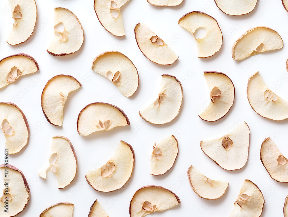 Dried pear slices arranged in a flat lay pattern on a white surface, offering a minimal yet visually captivating image for food and lifestyle content Dried pear slices arranged in a flat lay pattern on a white surface, offering a minimal yet visually captivating image for food and lifestyle content
