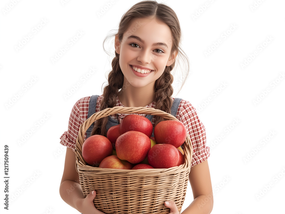 Smiling young woman in a checkered dress holding a wicker basket full of fresh red apples against a white background Smiling young woman in a checkered dress holding a wicker basket full of fresh red apples against a white background