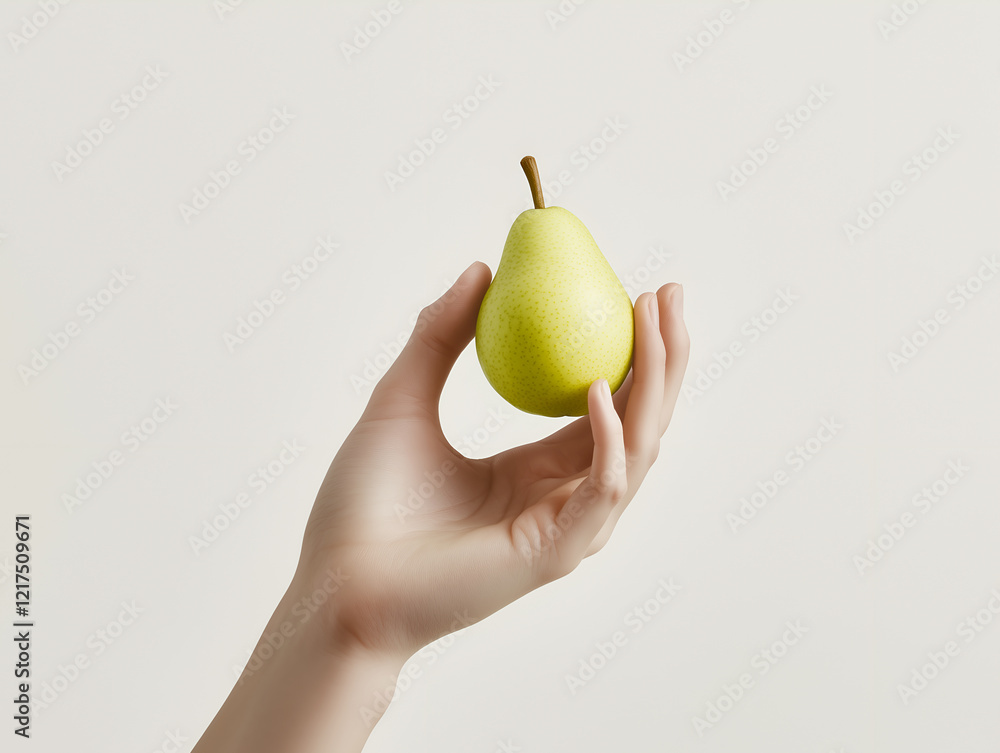 Hand holding a ripe green pear against a light background, showcasing the fruit's fresh and healthy appeal Hand holding a ripe green pear against a light background, showcasing the fruit's fresh and healthy appeal