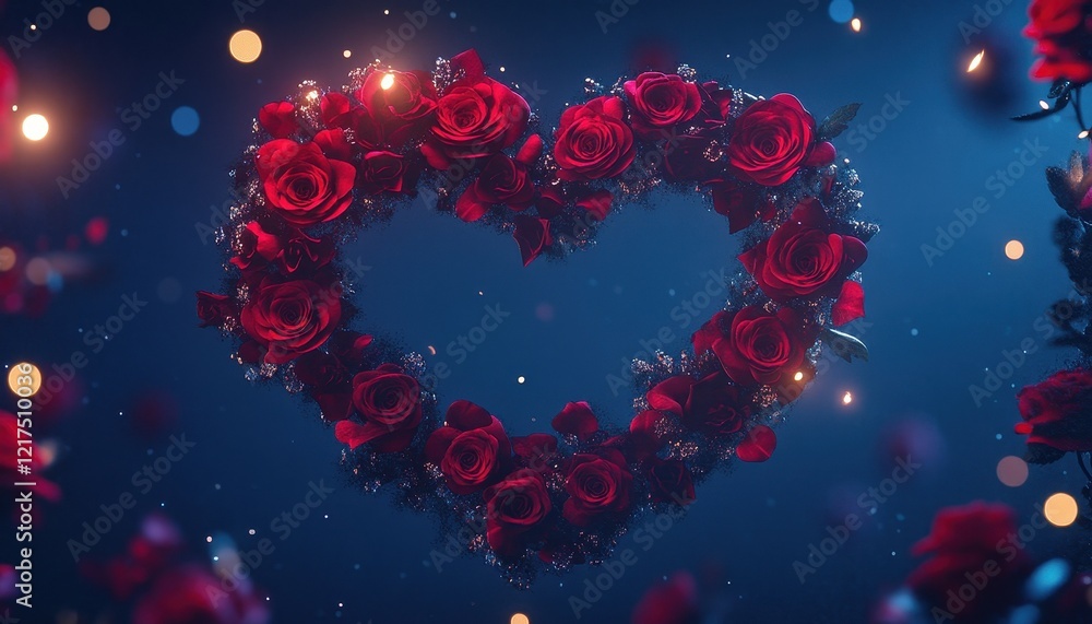 Red roses forming a heart shape against a dark blue background with sparkling lights Red roses forming a heart shape against a dark blue background with sparkling lights