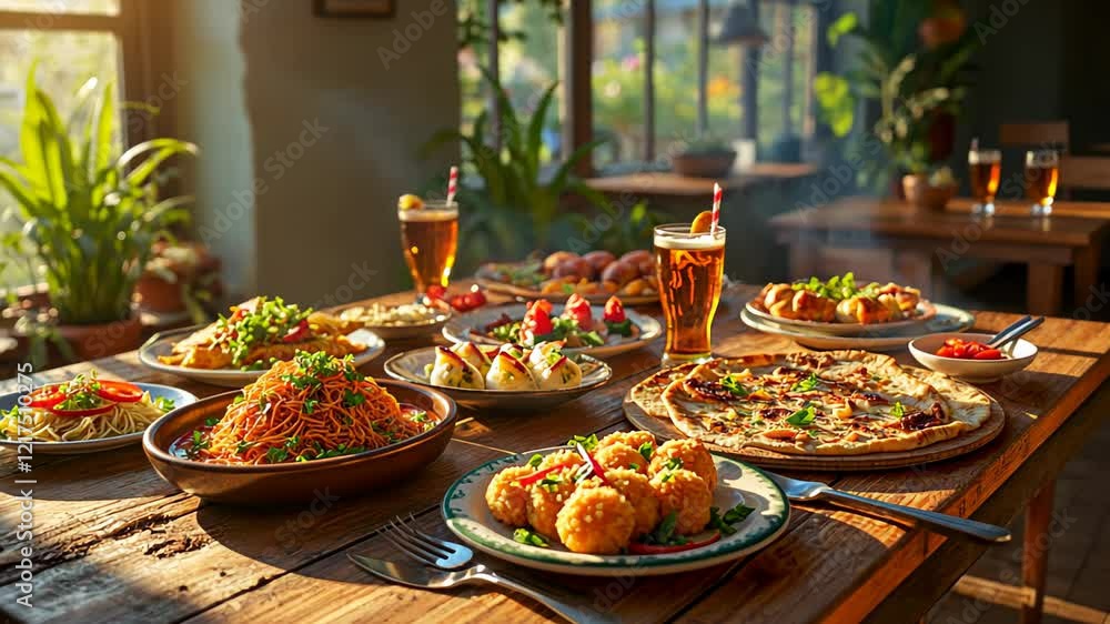 Table filled with various colorful dishes and beverages, including pizzas, salads, and glasses of beer, in a cozy sunlit interior. Concept of social dining and culinary enjoyment Table filled with various colorful dishes and beverages, including pizzas, salads, and glasses of beer, in a cozy sunlit interior. Concept of social dining and culinary enjoyment
