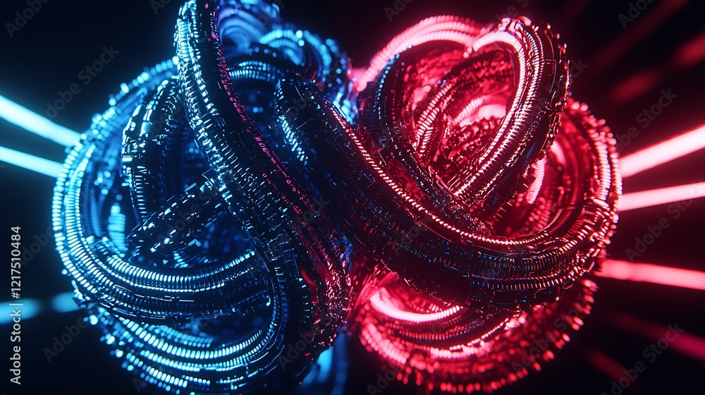 Obraz premium Red blue glowing abstract sphere, futuristic, dark background, tech design