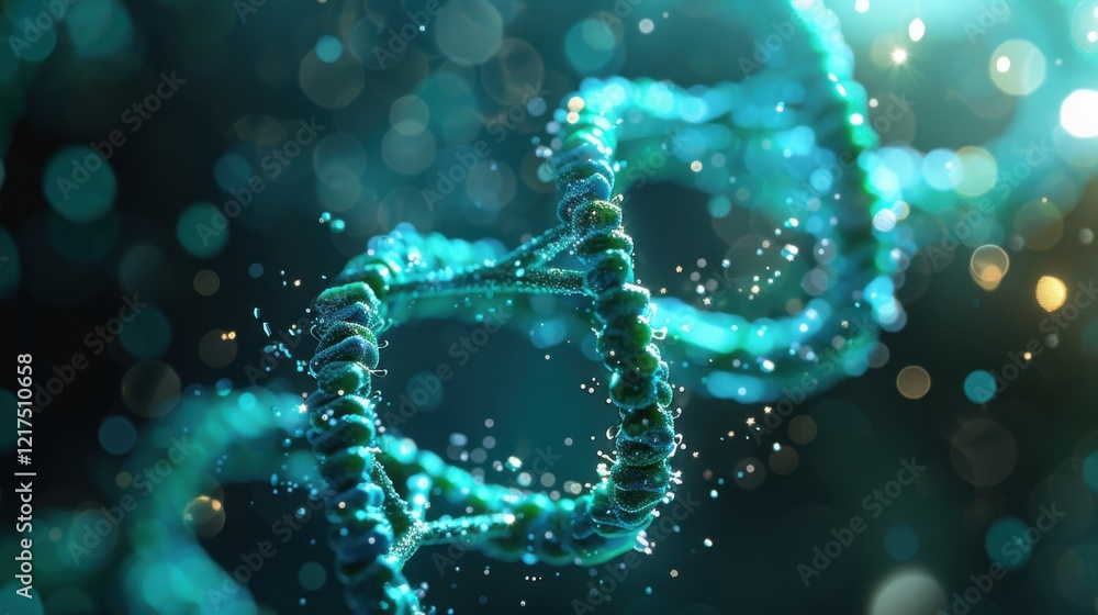 Radiant green DNA double helix spiral surrounded by light bokeh and bubbles, creating a magical blue scene Radiant green DNA double helix spiral surrounded by light bokeh and bubbles, creating a magical blue scene