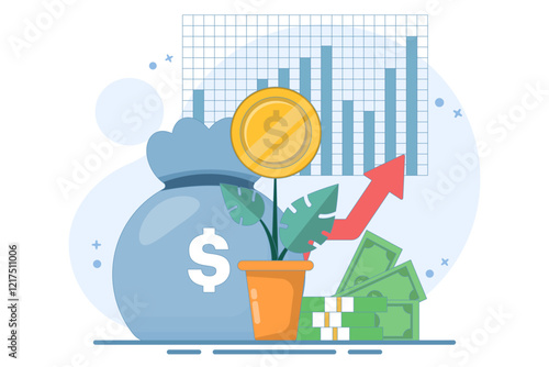Concept Earn money to get rich, increase income and profit, investment profit growth, financial advisor or wealth management. watering money tree with big arrow. flat vector illustration.