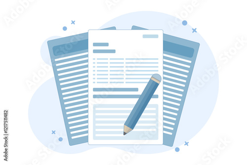 Concept Review of educational textbooks on creative writing and storytelling. Concept of storytelling, creative writing, pencil and paper, copywriting, flat vector illustration on background.