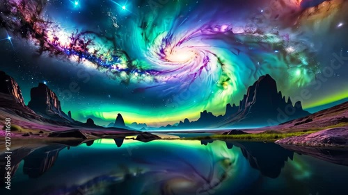 Wallpaper Mural Dynamic green and purple aurora swirling over a rocky coastline with reflections on calm water under a starlit sky. Concept of natural beauty and atmospheric phenomena Torontodigital.ca